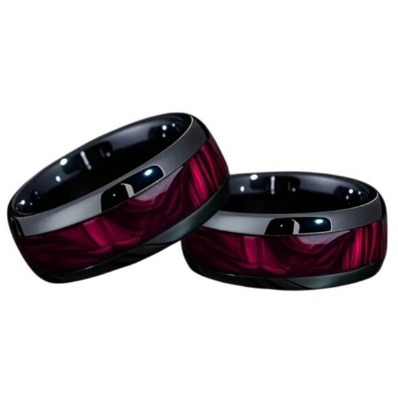 Tungsten Carbide Steel High Polished Red Marble Statement Wedding band - Picture 1 of 8